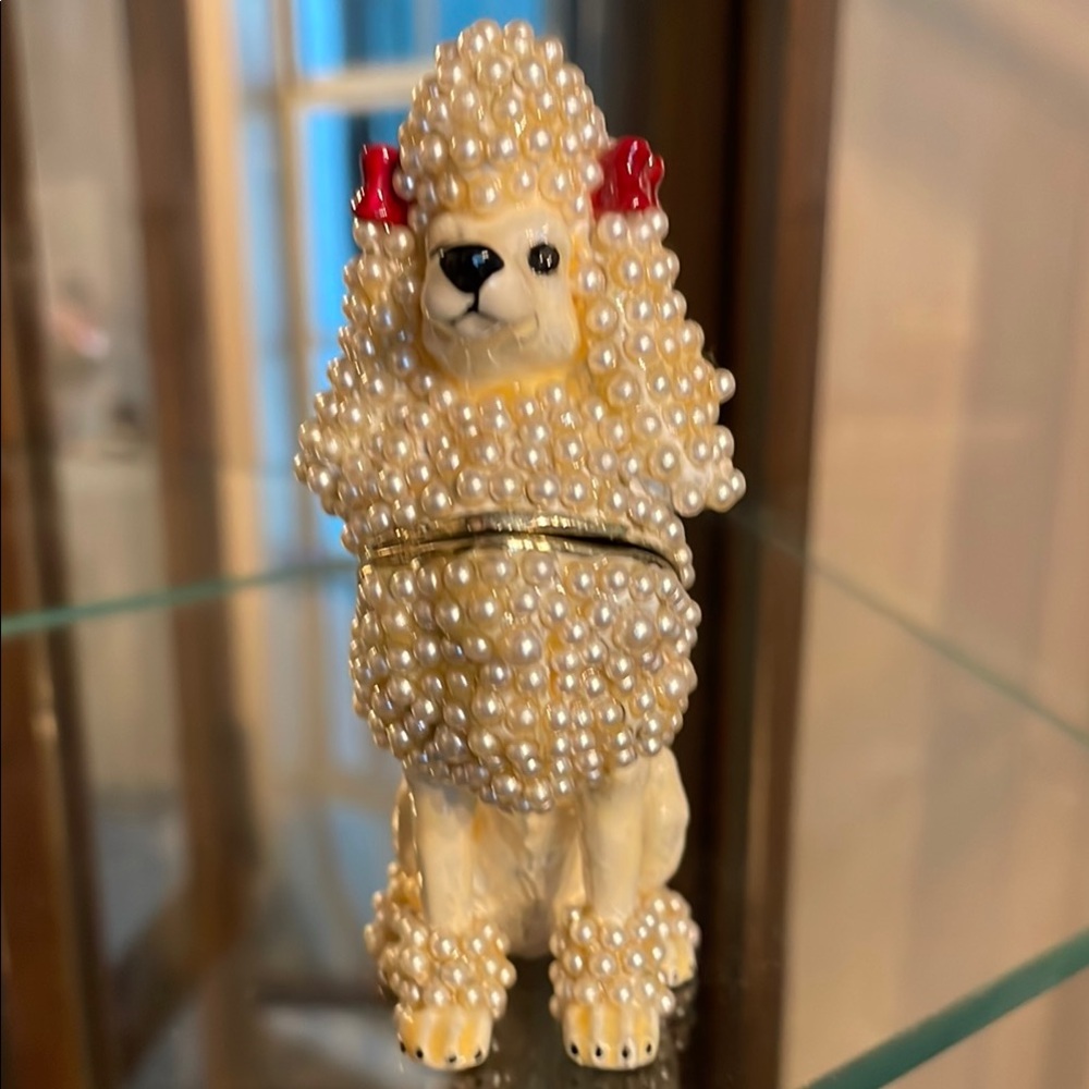 SOLD Pearl-Encrusted Poodle with Red Bow Trinket Box